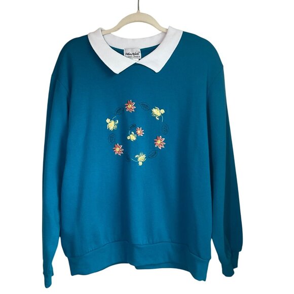 Vintage Anthony Richards Sz 1X Blue Floral Sweatshirt White Collar Embroidered - Picture 7 of 8